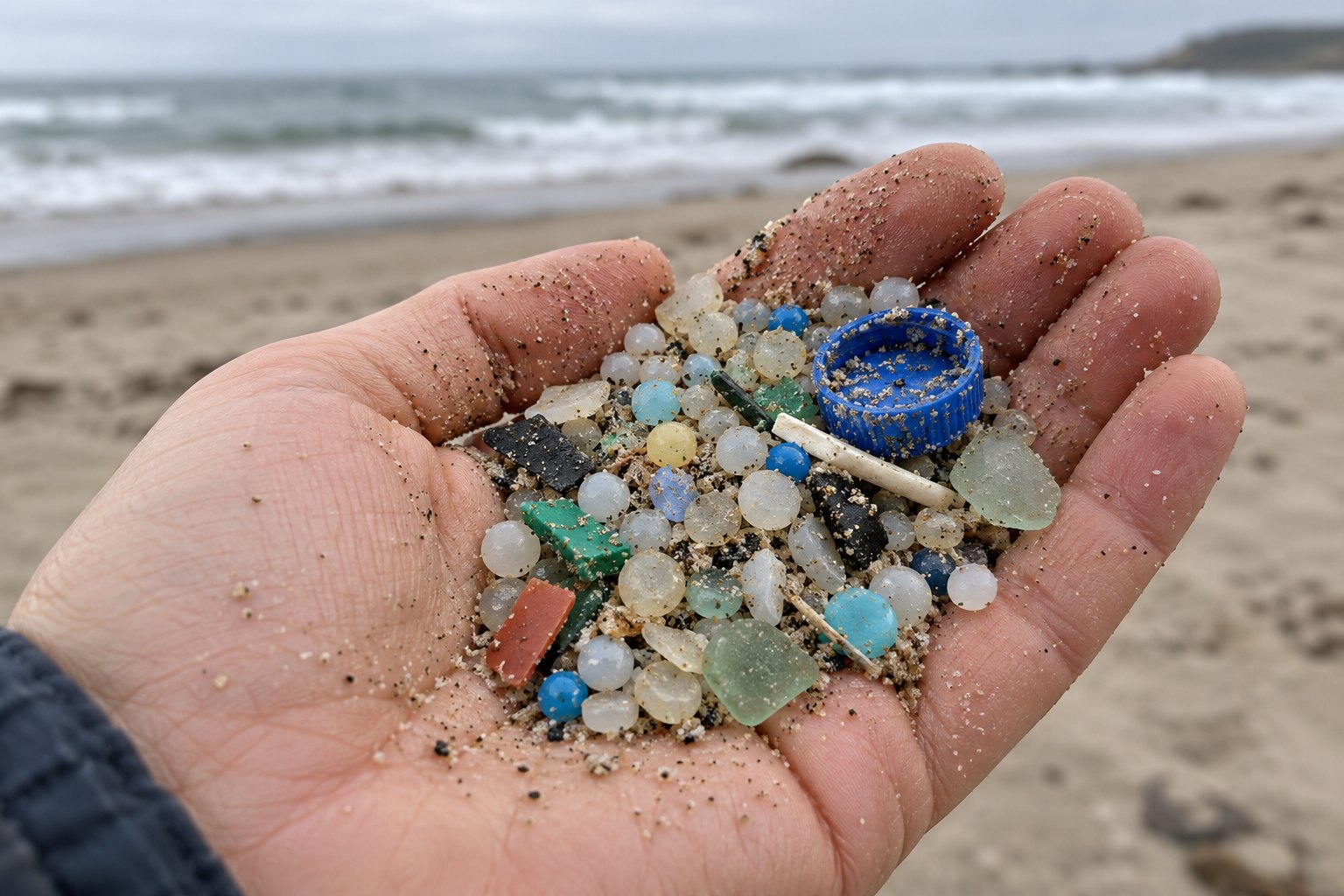 A hand holding nurdles, plastic fragments and a bottle cap sifted from the sand