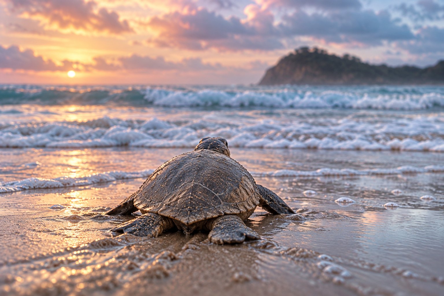 A sea turtle crawling across wet sand toward the surf at sunset